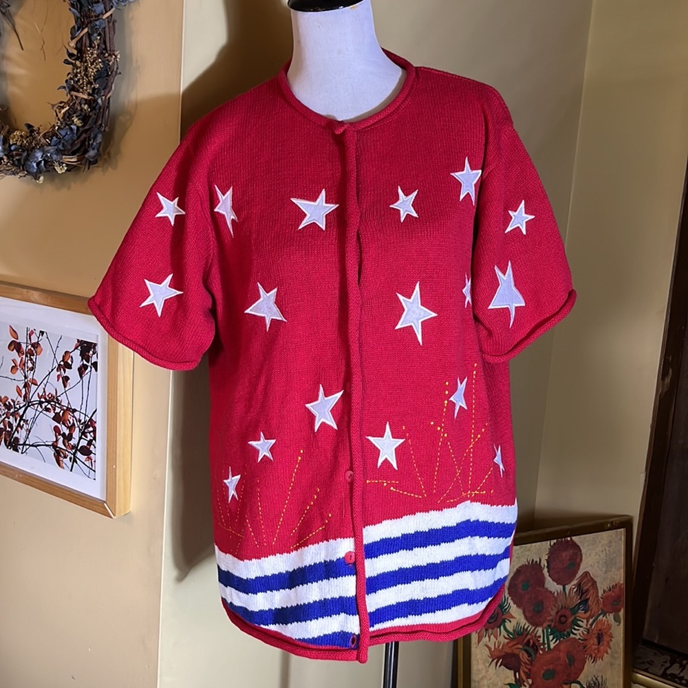Vintage QUACKER FACTORY Size Large 4th Of July America USA Cardigan Cotton Ramie